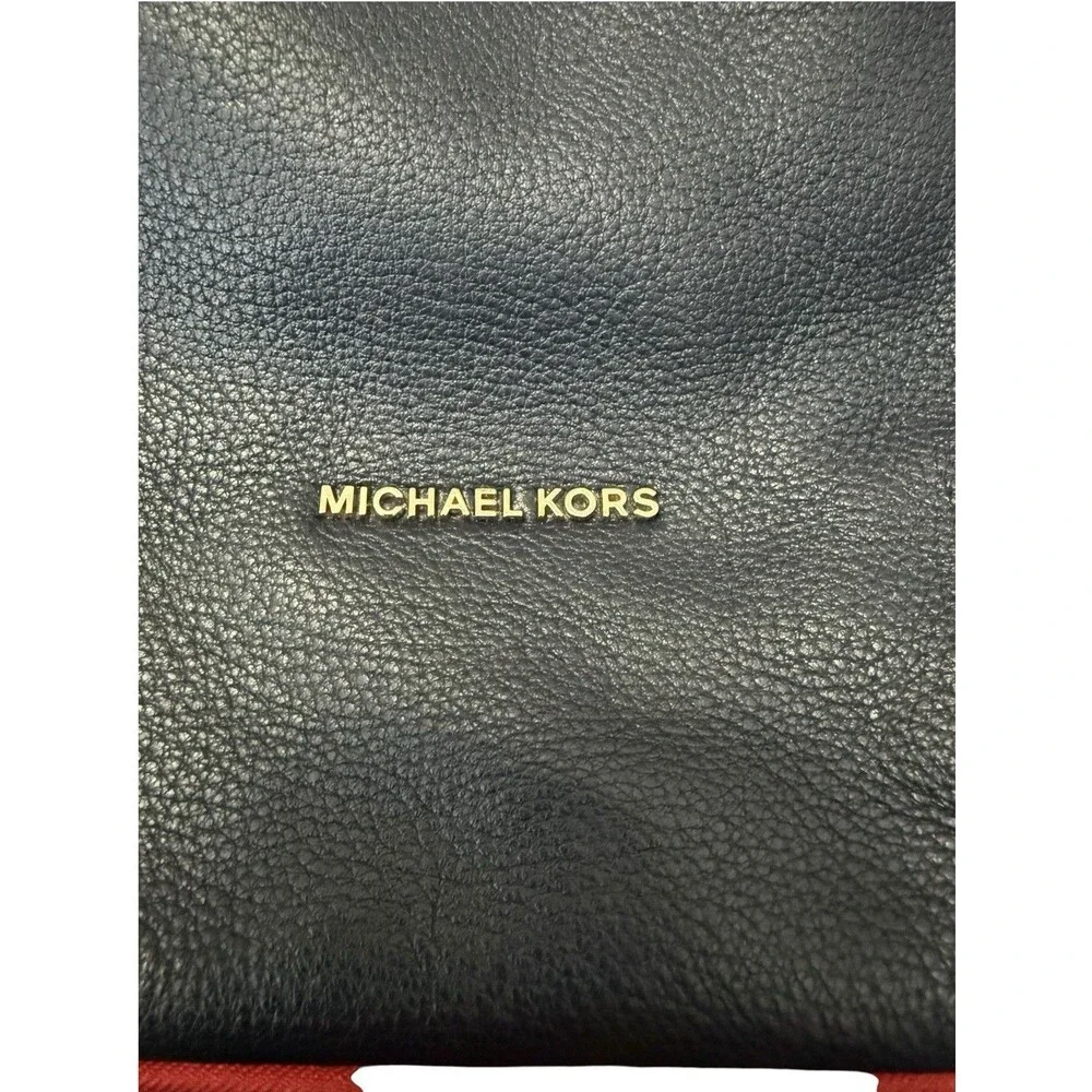 Michael Kors Navy Blue Pebbled Leather Chain Shoulder Tote Gold Lock Charm Bag
